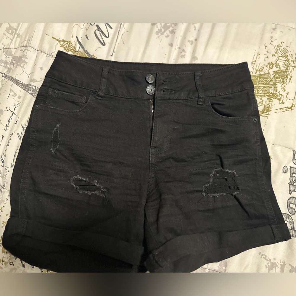 Black Distressed Mid-Rise Shorts